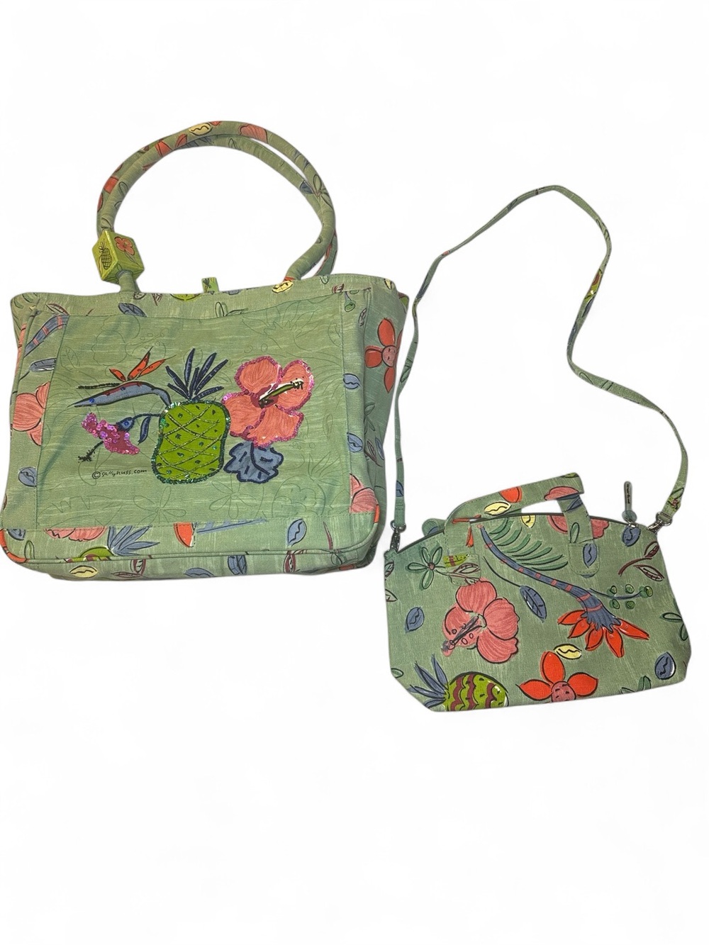Sunny Thoughts Sally Huss Green 2-Piece Canvas Tote Tropical Beach Bags EUC